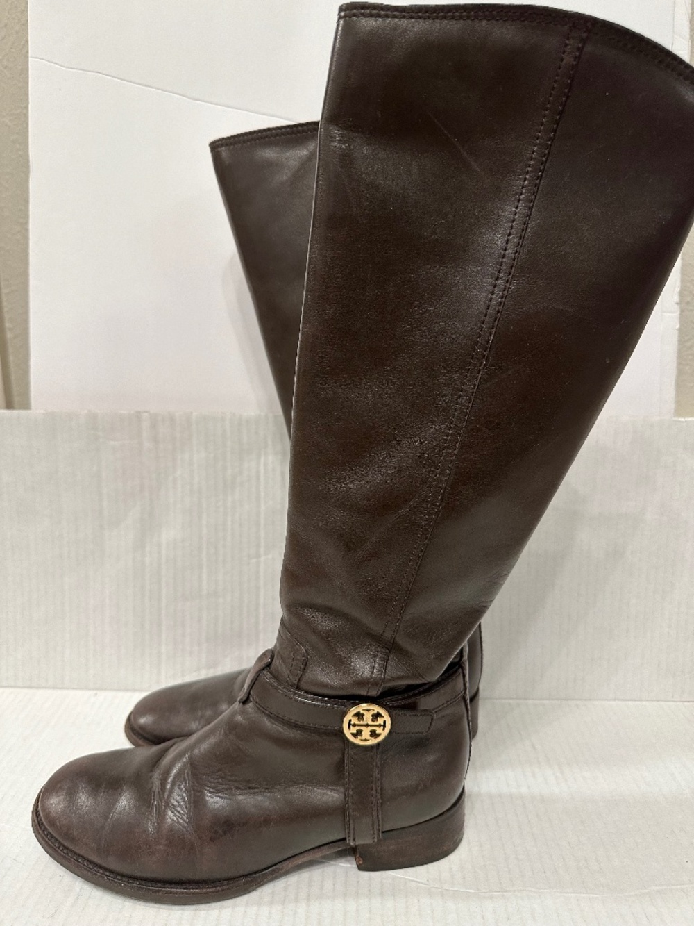Tory Burch size 7 Tall Brown Leather Boots gold logo zippered